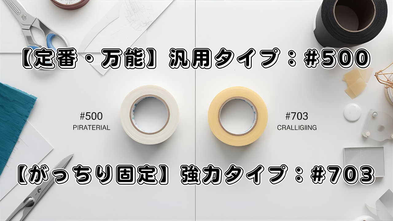 大洋商会のOEM両面テープ#500（汎用）と#703（強力）を比較している画像。